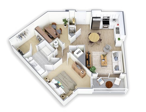 A top-down view of a house layout with a kitchen, living room, dining room, and bedrooms.